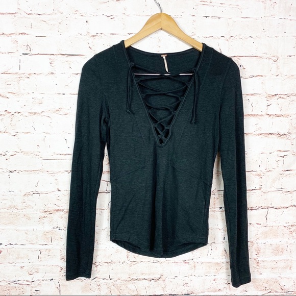 Free People Lucky Lace Up Black Top - Picture 2 of 6